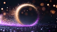 Magical glowing circle with sparkles and purple light trail against dark background, bokeh effect creates dreamy atmosphere. Abstract cosmic design element.