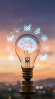 Glowing lightbulb with neon brain and business icons floating around it against sunset cityscape backdrop, representing innovation, creativity, and strategic thinking for corporate projects.
