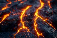 Glowing cracks of hot lava flow through dark volcanic rock, creating dramatic pattern of molten magma. Natural geological phenomenon closeup view.