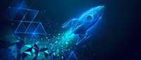 Futuristic rocket ship launching through digital network of glowing blue triangular particles and geometric connections on dark background for tech concepts.