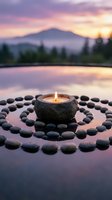 Stone candle holder with burning flame surrounded by spiral pattern of dark pebbles at lake shore during purple sunset with mountain silhouette reflection.