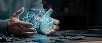 Businessman hands holding glowing digital brain with gear mechanisms and dynamic balance text, representing artificial intelligence and innovation in modern technology.