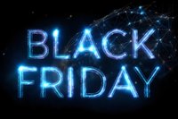 Glowing blue neon text spelling Black Friday against dark background with connected dots and lines creating futuristic network effect for seasonal sales promotion.