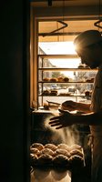 Baker dusting fresh croissants with flour at bakery display case during golden hour. Artisan preparing pastries for sale in warm-lit shop window.