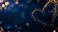 Glowing golden heart shape formed by sparkling particles against dark blue bokeh background, romantic magical atmosphere for Valentine's Day designs.