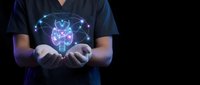 Healthcare professional presenting holographic brain with neural network connections for medical technology and neuroscience research applications.