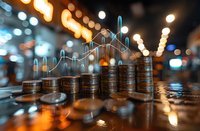 Growing stacks of coins with digital financial graph overlay showing upward market trend against blurred bokeh lights background, representing investment growth.