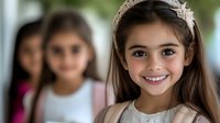 Young girl with long brown hair wearing decorative headband and beige outfit smiling at camera, with blurred children in background.