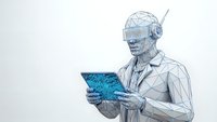 Futuristic wireframe businessman wearing VR headset holding digital tablet with circuit board pattern on white background for technology concepts.