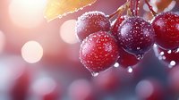 Fresh ripe cherries covered in morning dew drops against blurred bokeh background in soft pink and purple tones, macro photography with selective focus.