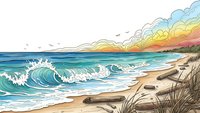Hand-drawn ocean waves crashing on sandy beach with colorful sunset sky and seagrass. Coastal landscape illustration for relaxation and travel themes.