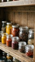 Glass jars filled with colorful spices and herbs organized on rustic wooden pantry shelves for kitchen storage and cooking preparation.