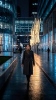 Professional businesswoman walking through modern glass office building lobby at night with illuminated architecture and urban corporate atmosphere.