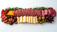 Gourmet charcuterie board with sliced salami, cheese, olives, nuts, strawberries, and rosemary arranged on white surface for entertaining.