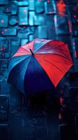 Red and blue umbrella with water drops against dark urban background illuminated by neon lights, creating moody atmospheric night scene.