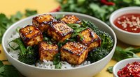 Glazed tofu cubes with caramelized Asian sauce served on white rice with steamed broccoli florets, garnished with fresh herbs and chili sauce on side.
