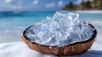 Crushed ice in natural coconut shell bowl against tropical beach background with turquoise ocean water and palm trees, refreshing summer concept.