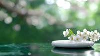 White cherry blossom branch on spa stone over rippled water surface with soft bokeh background in green nature setting, wellness concept.