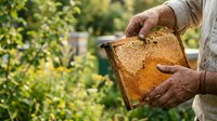 Senior male beekeeper holding honeycomb frame with golden honey and bees outdoors in apiary garden. Agricultural beekeeping and honey production.