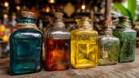 Colorful glass bottles with cork stoppers containing various liquids and herbs arranged on wooden surface for apothecary, alchemy or natural medicine concepts.