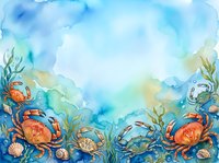 Watercolor ocean background with crabs, seaweed, and shells framing a soft blue copy space for summer designs.