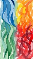 Vibrant watercolor abstract with flowing organic shapes in rainbow spectrum from cool blues to warm reds, creating dynamic movement and energy for creative projects.