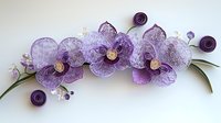 Delicate purple orchids with lace-like petals and decorative paper swirls on white background, creating elegant floral composition for wedding and romantic designs.