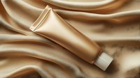 Luxurious golden cosmetic tube on silky beige fabric background with elegant folds and soft shadows, premium skincare product presentation for beauty industry.