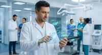 Male doctor using holographic medical technology interface in modern hospital laboratory with healthcare team working in background.