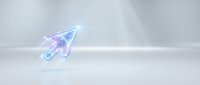 Holographic digital cursor arrow with glowing neon effects on minimalist background for modern technology and user interface design concepts.