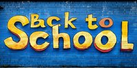 Yellow and red back to school text graffiti style lettering on bright blue brick wall background, urban street art education message.