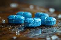 Blue effervescent tablets with sparkling sugar coating arranged on wet wooden surface with water droplets, suitable for pharmaceutical, supplement, and healthcare marketing materials.
