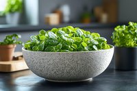 Fresh basil leaves growing in modern granite bowl on dark kitchen counter, vibrant green herbs against blurred background, natural food photography styling.