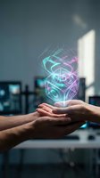 Hands holding glowing holographic cube with neon geometric patterns in modern office environment for technology and innovation concepts.
