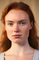Young redhead woman with freckles and green eyes gazing at camera with natural makeup and gentle expression in warm evening light.