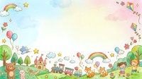 Colorful children's playground scene with rainbow, balloons, kites, castle, trees, and diverse kids playing outdoors. Isolated clipart for nursery decor, educational materials, and children's designs.