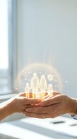 Cupped hands protecting glowing family silhouettes with medical cross and sparkles, symbolizing health insurance and family care protection concept.