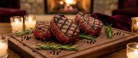 Grilled beef steaks with crosshatch marks on wooden cutting board, garnished with fresh rosemary and peppercorns, cozy fireplace background with candles.