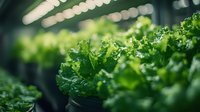 Fresh green curly kale leaves growing in modern hydroponic greenhouse facility with bokeh lights, closeup view of organic vegetable cultivation.