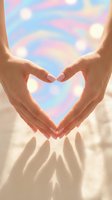 Hands forming heart shape with rainbow bokeh background and warm sunlight creating romantic atmosphere for love and connection concepts.