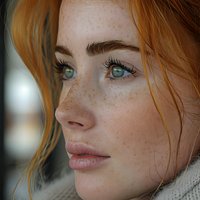 Close up portrait of young redhead woman with freckles, green eyes and natural makeup looking away. Soft natural lighting highlights delicate features.