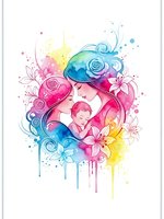 Watercolor mother holding newborn baby with vibrant rainbow colors, floral elements and artistic splashes on white background for motherhood designs.
