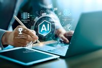 Businessman using laptop with AI artificial intelligence holographic interface displaying machine learning icons and data analytics symbols for modern technology.