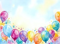 Colorful watercolor balloons with splashing paint effects float across a soft pastel background, perfect for celebrations, invitations, and festive designs.