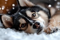 Adorable husky puppy playing in fresh snow with sparkling snowflakes, winter pet portrait with expressive brown eyes for seasonal campaigns.