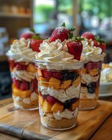Layered fruit parfait desserts in glass jars with fresh strawberries, blueberries, mango chunks, whipped cream, and cookie crumb base arranged on wooden serving board.