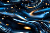 Abstract liquid art background with flowing blue waves and golden spheres on dark surface, metallic swirls creating dynamic cosmic pattern.