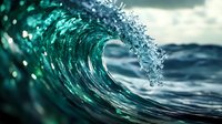 Turquoise ocean wave curling with white foam and water droplets against blurred seascape background capturing dynamic motion and natural power.