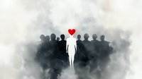Silhouette of person standing out from crowd with red heart symbol, representing individuality, love and uniqueness against misty dark background.