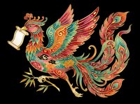 Ornamental phoenix bird with vibrant red, green, and gold plumage, holding a decorative lantern, isolated on transparent background. Ready for t-shirt design, clipart, stickers, and print-on-demand products.